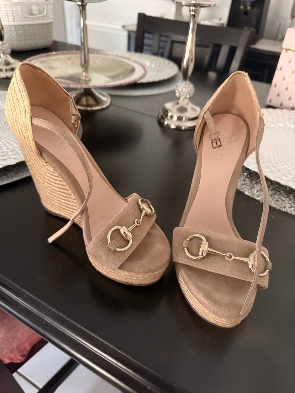 Gucci Tan Suede Espadrille Wedge Sandals with Gold Hardware